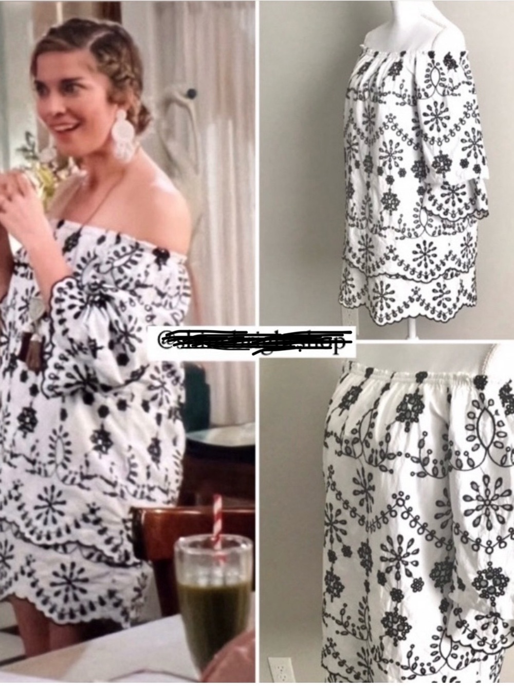 Zara Women’s White Dress with Black Floral Embroidery. Scitz Creek Alexis Dress